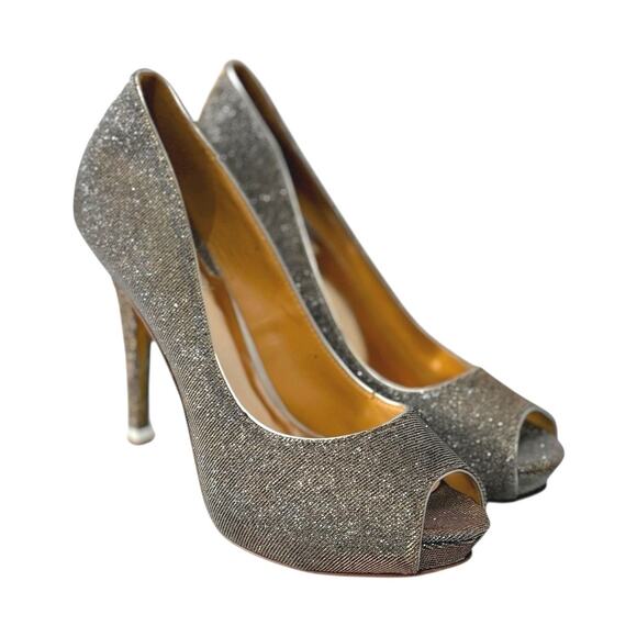 Badgley Mischka Heels - Silver Sparkle Peep Toe 5 inch Stiletto - Leather Soles - Picture 2 of 12